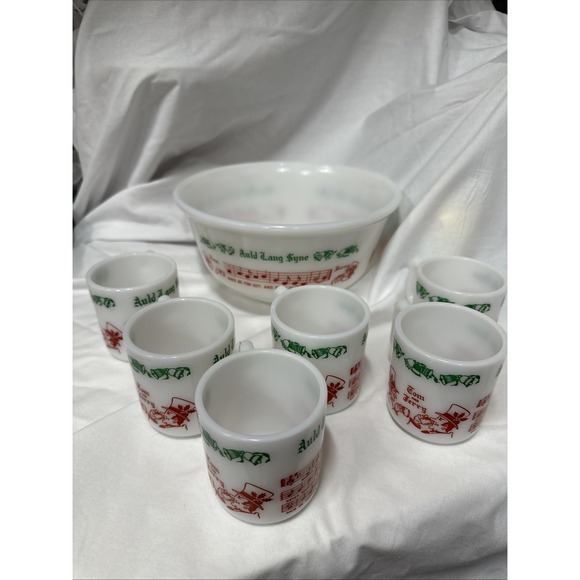 Vintage Tom And Jerry Hazel Atlas Milk Glass Bowl Punch Egg Nog Set 6 Cups - Picture 1 of 10